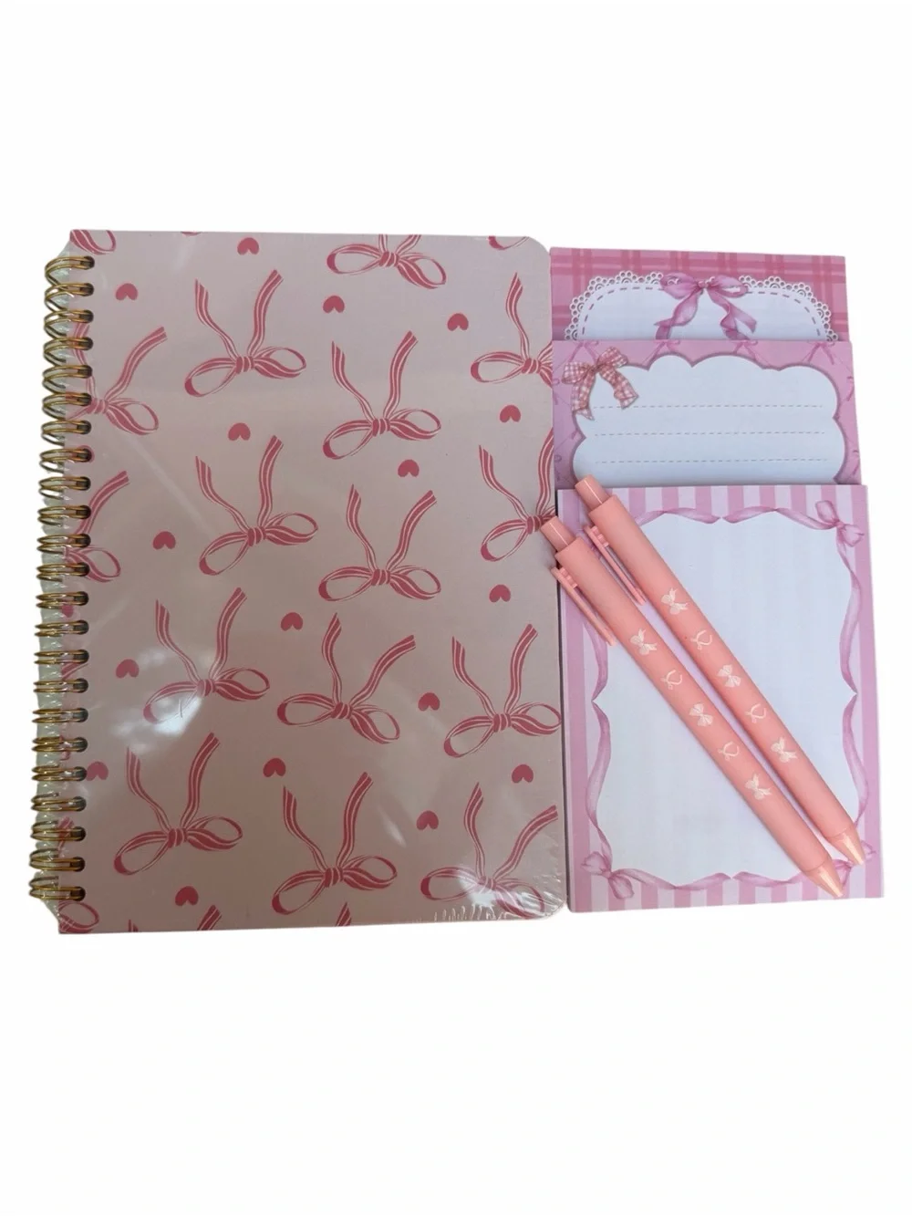 Pink Bow Spiral Notebook, 3-Piece Notepad Set with Matching Pens New